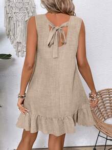Breezaya 纯色荷叶边下摆无袖连衣裙 女式度假海滩装 - 卡其色 - 查看 4