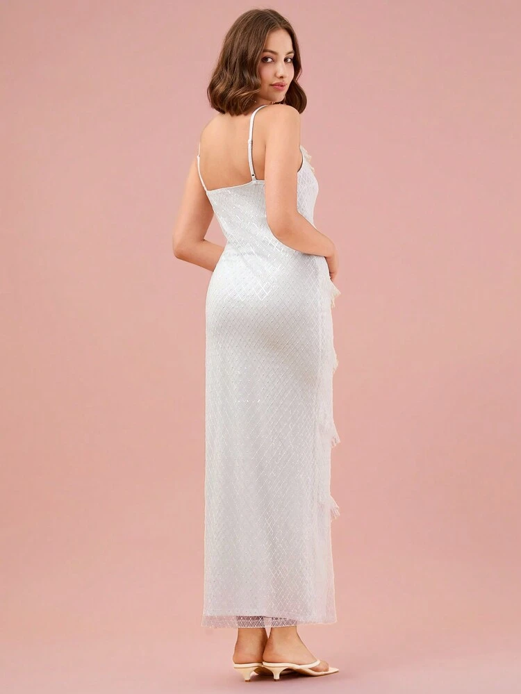 Women Solid Color Elegant Ruffle Spaghetti Strap Dress, Semi Formal Wedding Guest Dress