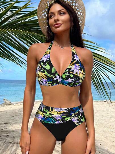 Swim Lushoire Women's Bikini Set, Random Floral Print Bikini Set With Halter Neck Tie Back Top And Sexy Bottom, Suitable For Beach Vacation Summer Beach