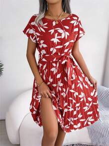 Summer Boho Floral Red Dress Batwing Sleeve Round Neck Tie Waist Pleated Ruffle Midi Short Sleeve Vacation Essential Womens Beach Sundress - Đỏ - Xem 3