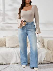 SHEIN Essnce Camiseta básica de manga acampanada de unicolor para mujer talla grande, primavera otoño - Caqui - Ver 6