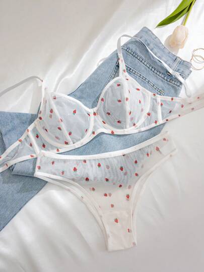Mesh Strawberry Print Breathable Underwire Verleidelijke BH Triangle Panties (Sexy Underwear Set) Schattige Women Set, Lingerie