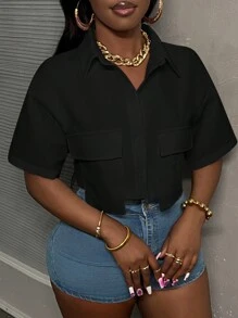 Slaydiva Casual White Polo Collar Short Crop Top With Pocket, Women's Shirt With Work Pockets - A - Black - View 6