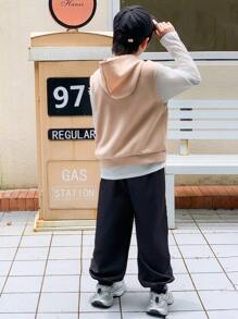 Boy's Fall/Winter Sleeveless Vest And Long Sleeve T-Shirt Graphic Combo Sweatsuit Set - Khaki - View 2