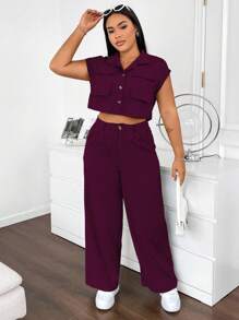 Flirla Conjunto de talla grande de camisa holgada sin mangas con múltiples bolsillos y pantalones casuales tipo cargo de 2 piezas