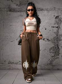 Gameset SHEIN Sport 女性鬆身寬腿花紋運動褲 - 棕色 - 查看 2