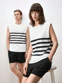 Manfinity VCAY 2pcs Men's Knitted Casual High-Neck Sleeveless Sweater And Elastic-Waist Straight Shorts Set, Suitable For Daily Summer Wear