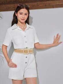 SHEIN Tonåring Flickor Sommar Boho Denim Romper Ben Stil Vit Endelad musikfestival Lös Cowboy Sjunga Kläder Strandsemester Fritidsdag Kortärmad Vit - Vitt - Visa 4