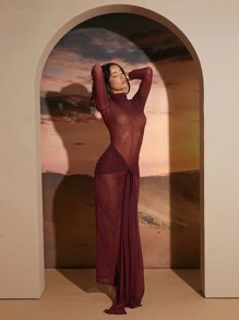 Hauture Mock Neck Front Wrap Detail Maxi Party Dress