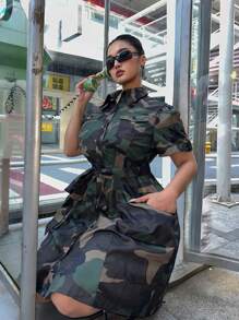 Flirla 附帶口袋的迷彩印花腰帶無袖連衣裙，大尺碼，夏季 - 彩色 - 查看 5