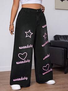 SHEIN EZwear Plus Heart & Letter Graphic Wide Leg Jeans - Black - View 4