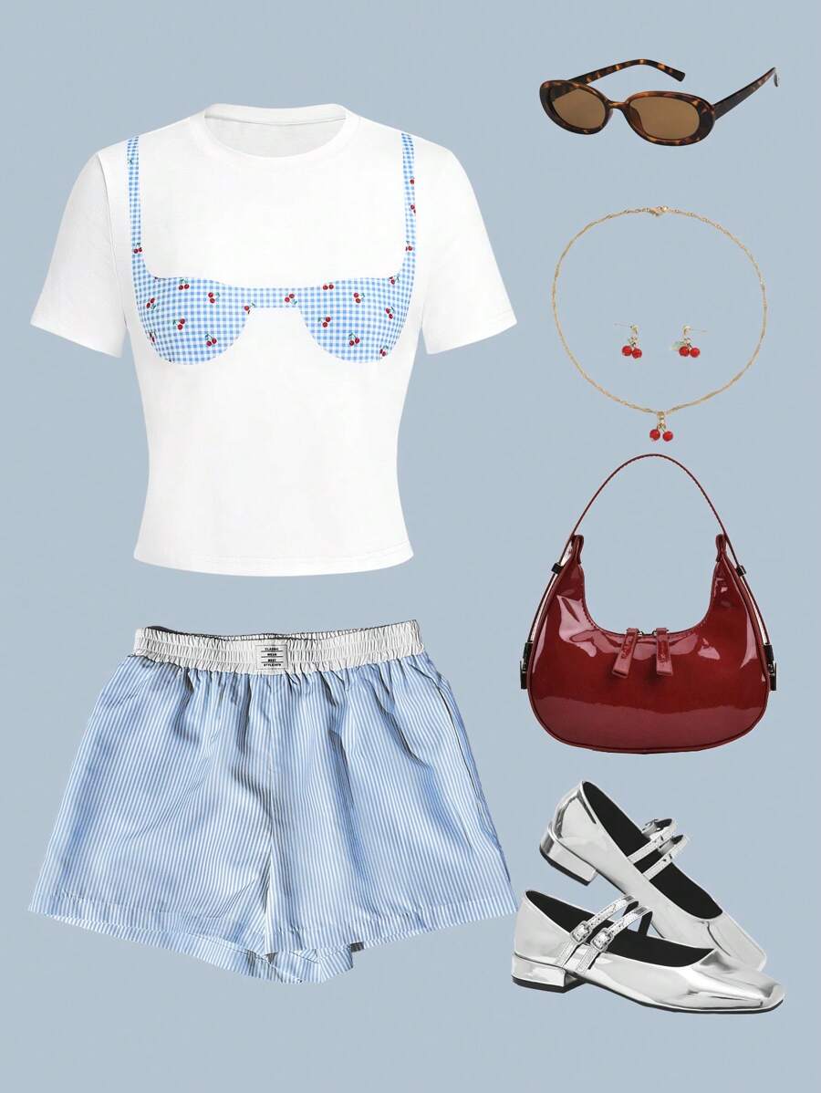 SHEIN Essnce Spring/Summer New Printed Bra Top Women's T-Shirt 2pcs Set, Best Friends - White - View 1