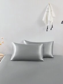 3 件纯色浅灰色缎面床笠套装仿真丝床笠套装，含 1 件床笠 + 2 件枕套（无填充物），现代家用柔软床上用品套装，床单深口袋最大可达 13.8 英寸缎面枕套，柔软透气防皱，更适合睡眠，豪华酒店风格，送给妈妈爸爸朋友宿舍床上用品的礼物 - 淺灰色 - 查看 4