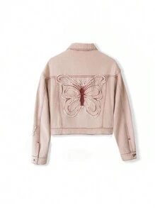 Teen Girls' Butterfly Embroidery Design Washed Denim Jacket, Casual Fashion New Style - Baby Pink - View 1