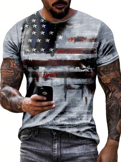 Men's Lightweight Breathable Summer American Flag Print Crew Neck Short Sleeve Casual T-Shirt