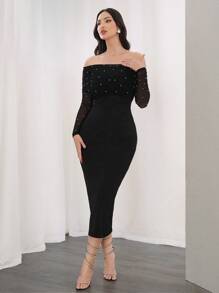 Modelyn Off Shoulder Pearls Beaded Mesh Insert Bodycon Dress Long Evening Dresses