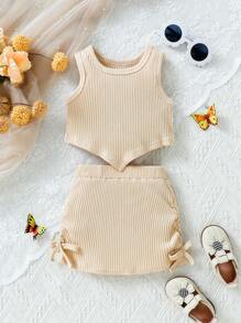 SHEIN Playful Pals Baby Girl Asymmetric Hem Tank Top And Pleated Hem Skirt Set, Elegant & Cute Infant Fashion - Multicolor - View 1