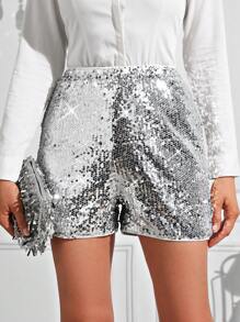 SHEIN Clasi Silver Sequin Party Women's Shorts - Silver - View 3