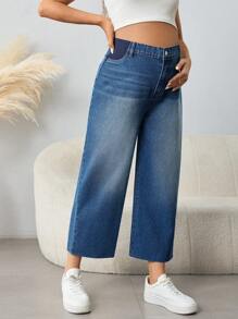 SHEIN Maternity Loose Fit Denim Capri Pants, Blue Jeans - Dark Wash - View 3