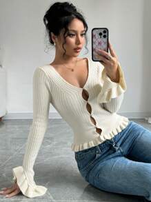 Chiquease V-Neck Ribbed Knit Cardigan With Pearl Buttons And Flare Sleeves, Autumn And Winter - Beige - View 3