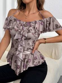 SHEIN Privé Parte superior con volantes y aberturas en los hombros, estampado floral, tirantes con lazo, bajo asimétrico elegante para mujer en verano