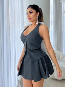 SHEIN SXY Conjunto de chaleco sin mangas con escote en V en la espalda y falda con decoración de lazo, 2 piezas
