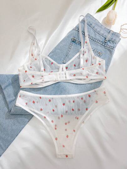 Mesh Strawberry Print Breathable Underwire Verleidelijke BH Triangle Panties (Sexy Underwear Set) Schattige Women Set, Lingerie view 2
