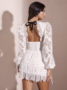 SHEIN BAE Summer White Solid Color Sexy Deep V-Neck Lace Hem Women's Multi-Layer Gathered Bustier Style Bubble Lantern Sleeve Bowknot Tie Sweet Girl Mini Dress