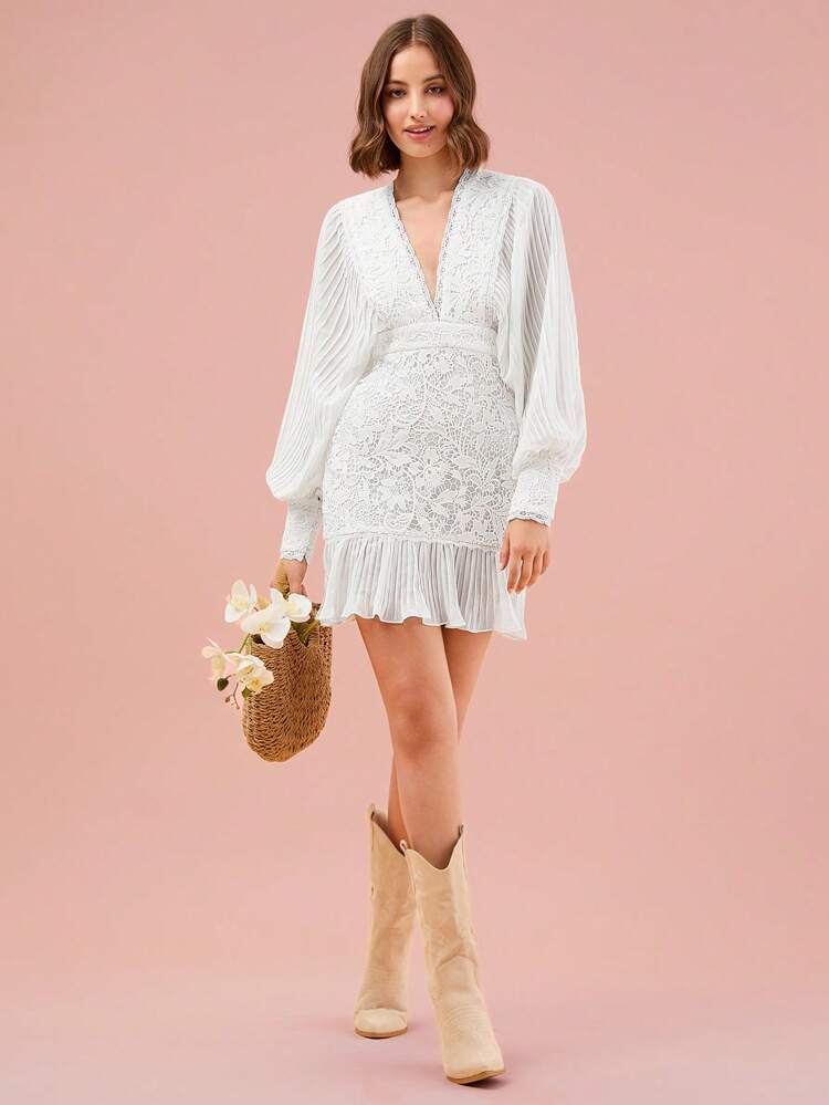 Plunging Neck Lantern Sleeve Ruffle Hem Lace Dress