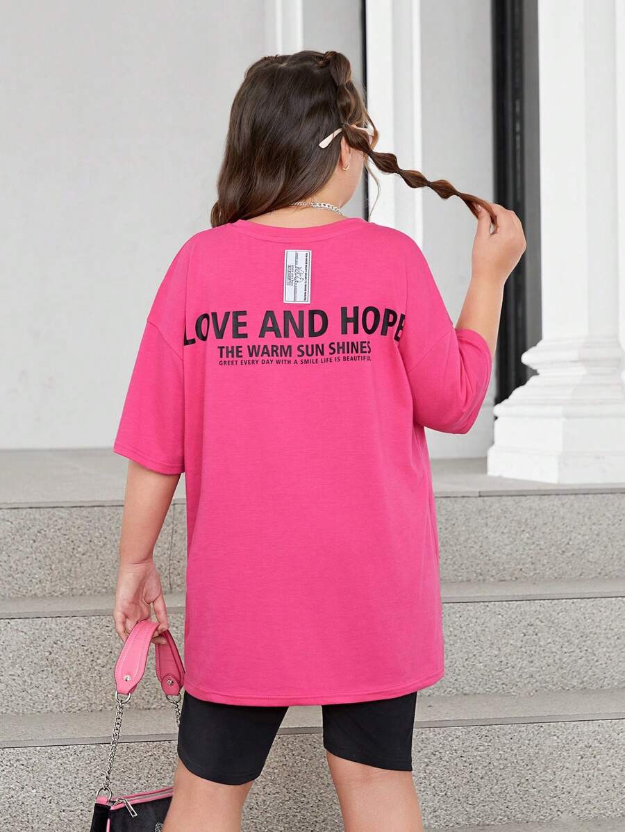 SHEIN 適用於青少年女孩的擴大尺碼通勤休閒春夏短袖圓領上衣和針織短褲套裝