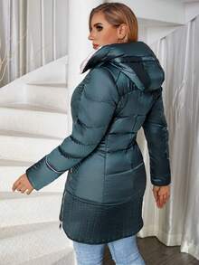 Astrid Plus Size Winter Hooded Button Pocket Slim Fit Casual Warm Jacket - Green - View 2