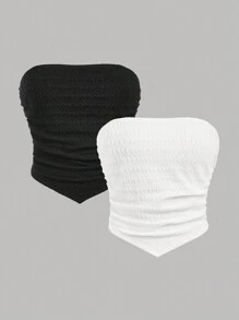 SHEIN 少女针织纯色提花黑白可拆卸肩带休闲抹胸 2 件/套 - 黑與白 - 查看 1