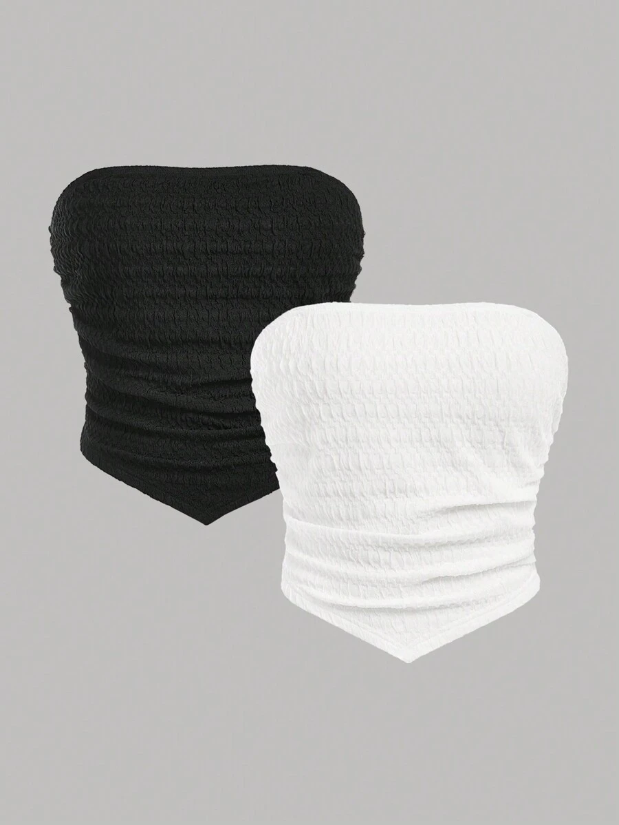 SHEIN 少女针织纯色提花黑白可拆卸肩带休闲抹胸 2 件/套 - 黑與白 - 查看 1