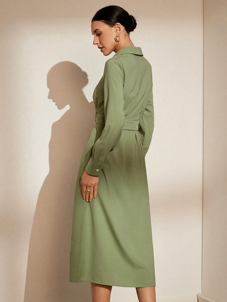 SHEIN BIZwear 純色韓式腰帶襯衫裙，優雅通勤、夏季款式 - 軍綠色 - 查看 2