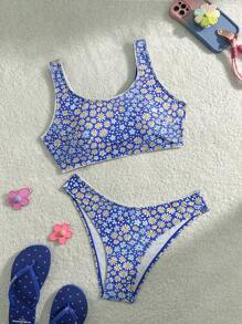 Women's Summer Beach Daisy Printed  Bikini Set - Blue - View 3