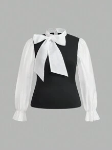 SHEIN Unity 加大彩色立领长袖衬衫，黑白衬衫 - 黑與白 - 查看 1