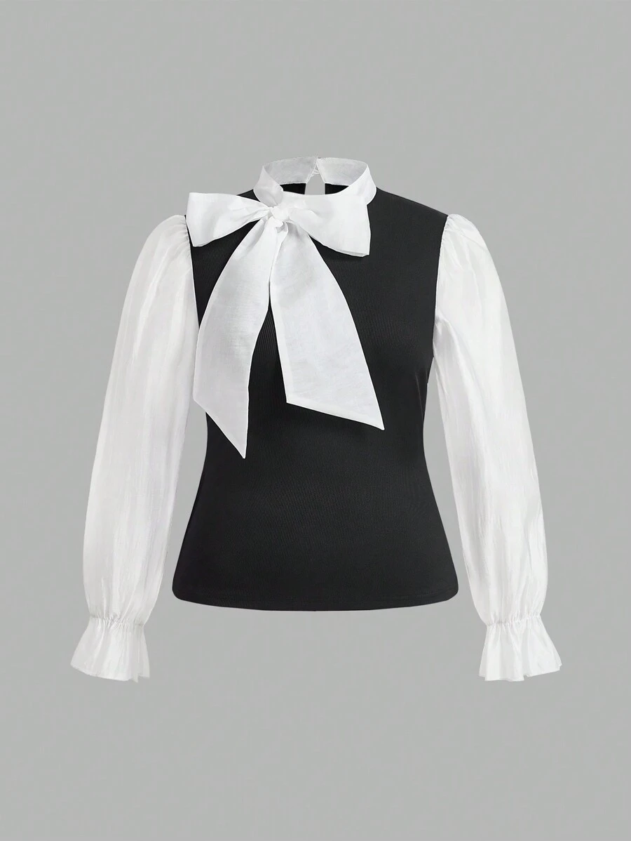 SHEIN Unity 加大彩色立领长袖衬衫，黑白衬衫 - 黑與白 - 查看 1