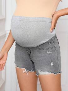 SHEIN Maternity Ripped Raw Hem Denim Shorts, Pregnancy Clothes - Light Grey - View 4