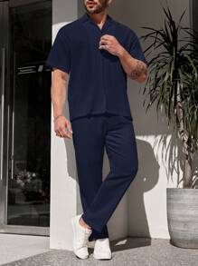 Manfinity Homme Traje diario para hombre de 2 piezas de manga corta de unicolor simple y pantalón largo - Azul Marino - Ver 7