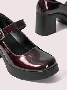 CUCCOO DOLLMOD Women Buckle Decor Platform Chunky Heeled Pumps, Fashion Burgundy Mary Jane Pumps For Summer Graduation Heels Prom Heels BURGUNDY Heels Mary Jane Pumps Spring Shoes Spring Break Easter For Christmas - Burgundy - View 5
