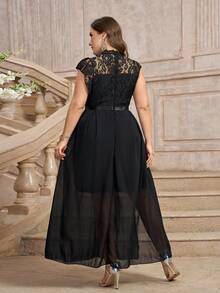 Plus Size Mother Of The Bride Dress, Lace Contrast Mesh A-Line Gown - Black - View 2