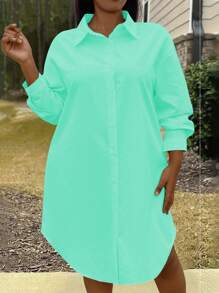 Calvaya Vestido de mangas largas sencillo de unicolor para mujer de talla grande para uso diario - verde menta - Ver 4