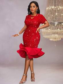 Vestido de fiesta brillante con volantes de un solo hombro - Rojo - Ver 4
