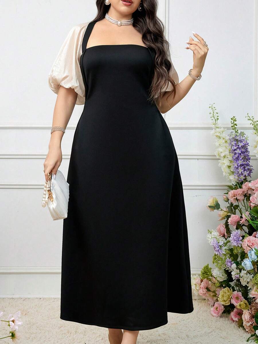 Modelyn 大码女式简约拼色泡泡袖连衣裙，优雅晚会礼服 - 彩色 - 查看 1