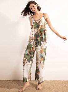 Leaf Print Cami PJ Set / Pajama Set With Robe Holiday Season - Multicolor - View 4