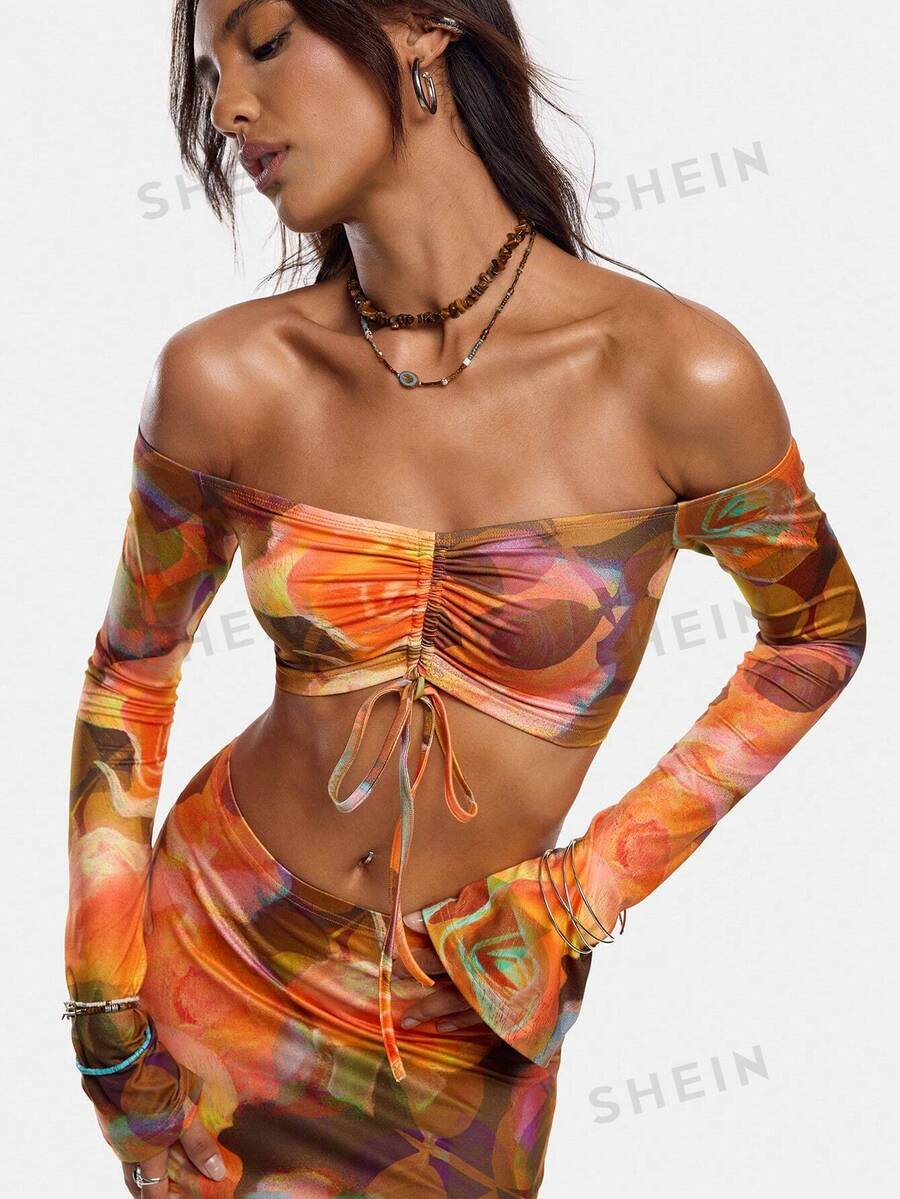 Livia Canto Studio Top de mujer elegante con hombros descubiertos con estampado floral, top de mujer para otoño, vacaciones y festivales