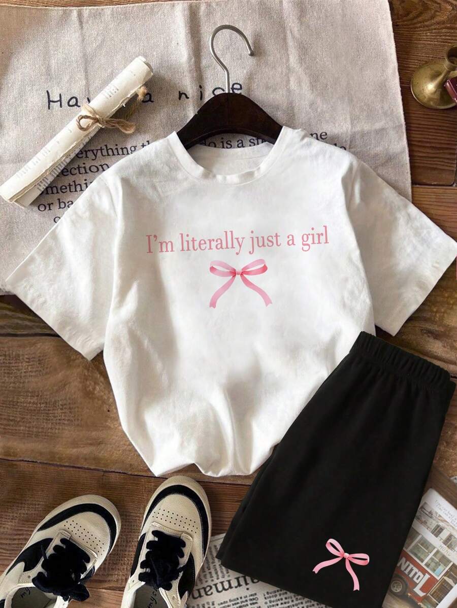 SHEIN Explorewe Tween Girl Comfortable 2pcs/Set Casual T-Shirt And Shorts Set, Knitted, For Everyday Wear