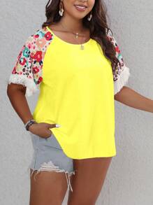 Breezaya Plus Size Solid Color Patchwork Fringe Short Sleeve T-Shirt, Casual & Vacation