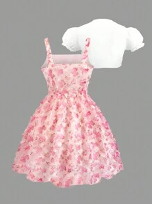 SHEIN ELEGANTZ estilo de vacaciones elegante para niña preadolescente con mangas abullonadas tipo burbuja, parte superior de encaje y volantes en la capa exterior y vestido con camisola de flores en 3D. Perfecto para vacaciones, fiestas y uso diario.