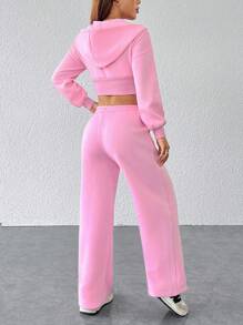 SHEIN PETITE 女士时尚粉色拉链连帽运动衫和裤子两件套 - 粉色 - 查看 2